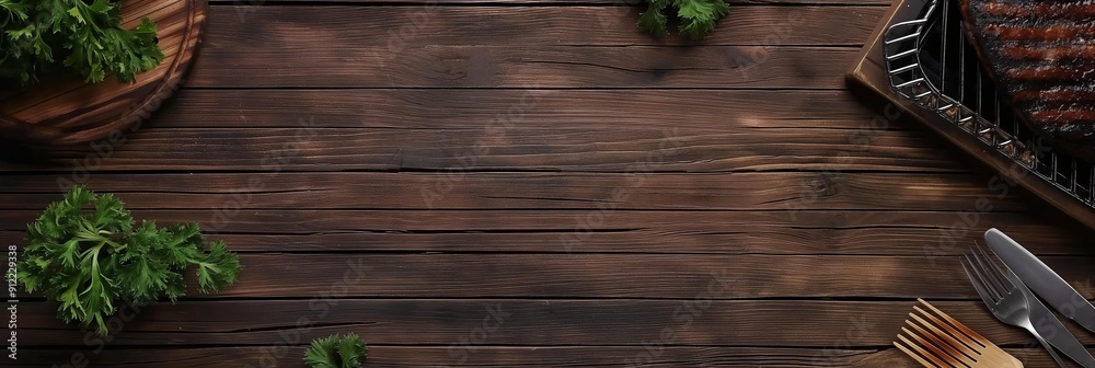 Top view grilled steak with herbs and spices on wooden table with copy space, product mockup Top view grilled steak with herbs and spices on wooden table with copy space, product mockup