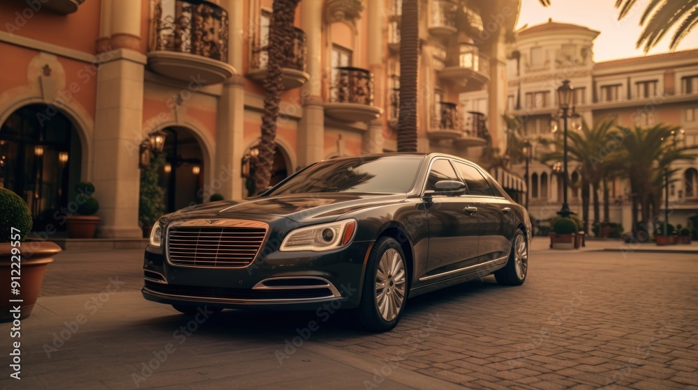 Naklejka premium Luxury Sedan Parked in Front of Elegant Building