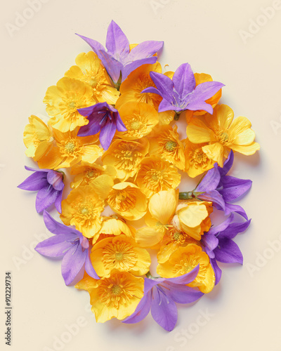 Minimal floral pattern of field flowers, top view Yellow violet flower on beige background, spring summer season concept, creative flat lay beauty nature, blooms texture, florals design, round shape photo