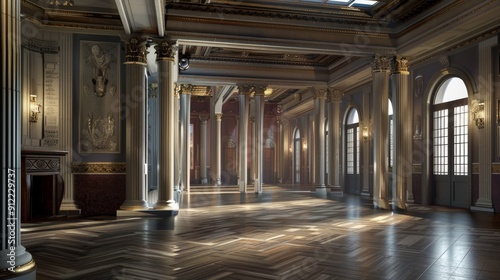 A grand, luxurious interior of classical building featuring high ceilings, ornate pillars, large windows, richly decorated parquet floor. Sunlight streams in, intricate details of architectural design