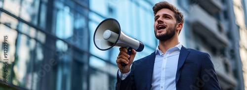 Young businessman holding loudspeaker outdoors for company announcement infront of office building. Shouting in megaphone banner, Concept of business employment and profession