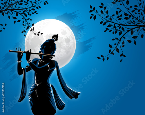 vector illustration of Happy Krishna Janmashtami , birthday of lord Krishna , Hindu festival celebration in India. photo