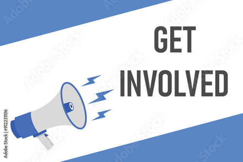 get involved button, banner, label, template for website. get involved text with colorful megaphone icon
