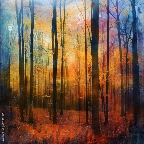 16. Abstract autumn forest, wall art, seasonal beauty