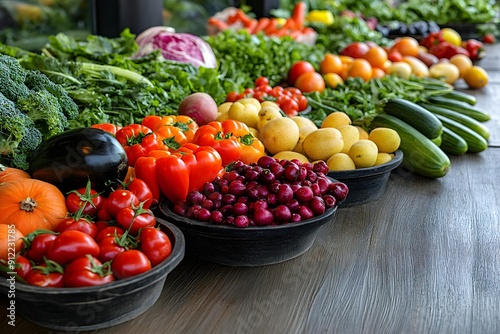 Variety of fresh fruits and vegetables displayed on wooden table. Concept of healthy eating, organic produce, and farm-to-table ingredients