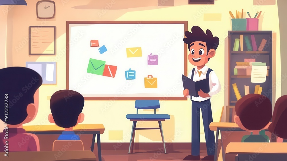 Teacher explaining a lesson on a whiteboard, highlighting traditional education Teacher explaining a lesson on a whiteboard, highlighting traditional education