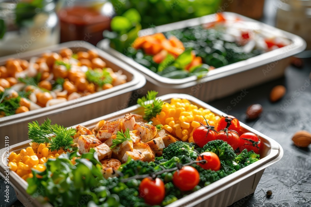 Three trays of food with a variety of vegetables and fruits Three trays of food with a variety of vegetables and fruits