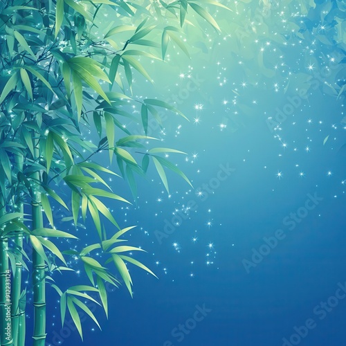 A beautiful Tanabata-themed background featuring bamboo leaves, tanzaku, and shimmering stars. photo