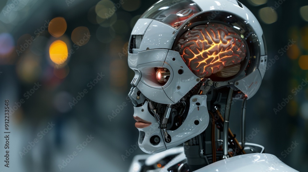 Futuristic Robot with Transparent Head Revealing Glowing Brain Inside Futuristic Robot with Transparent Head Revealing Glowing Brain Inside