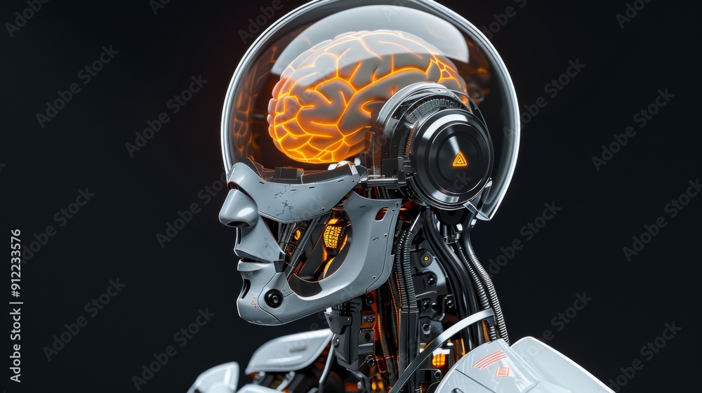 Obraz premium Futuristic Robot with Transparent Head Revealing Glowing Brain Inside for Artificial Intelligence Concepts