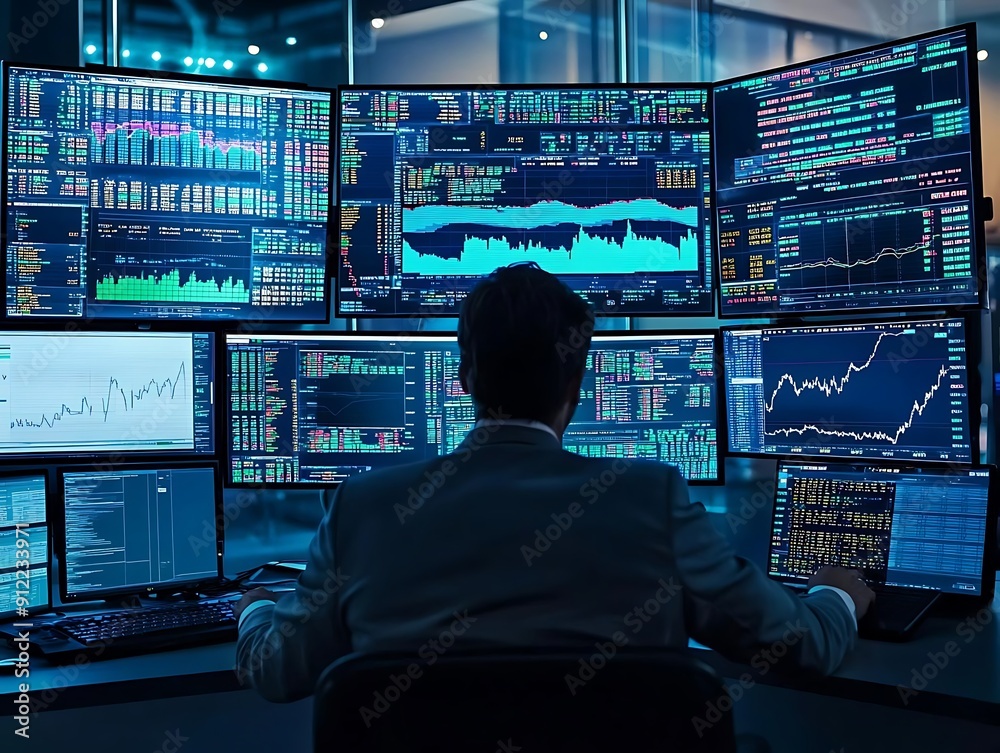 Stock Market Analysis and Trading - Man Working at Computer with Multiple Screens Showing Financial Data - Realistic Photo Stock Market Analysis and Trading - Man Working at Computer with Multiple Screens Showing Financial Data - Realistic Photo