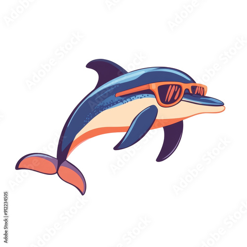 Cartoon dolphin wearing sunglasses, isolated on black background. photo