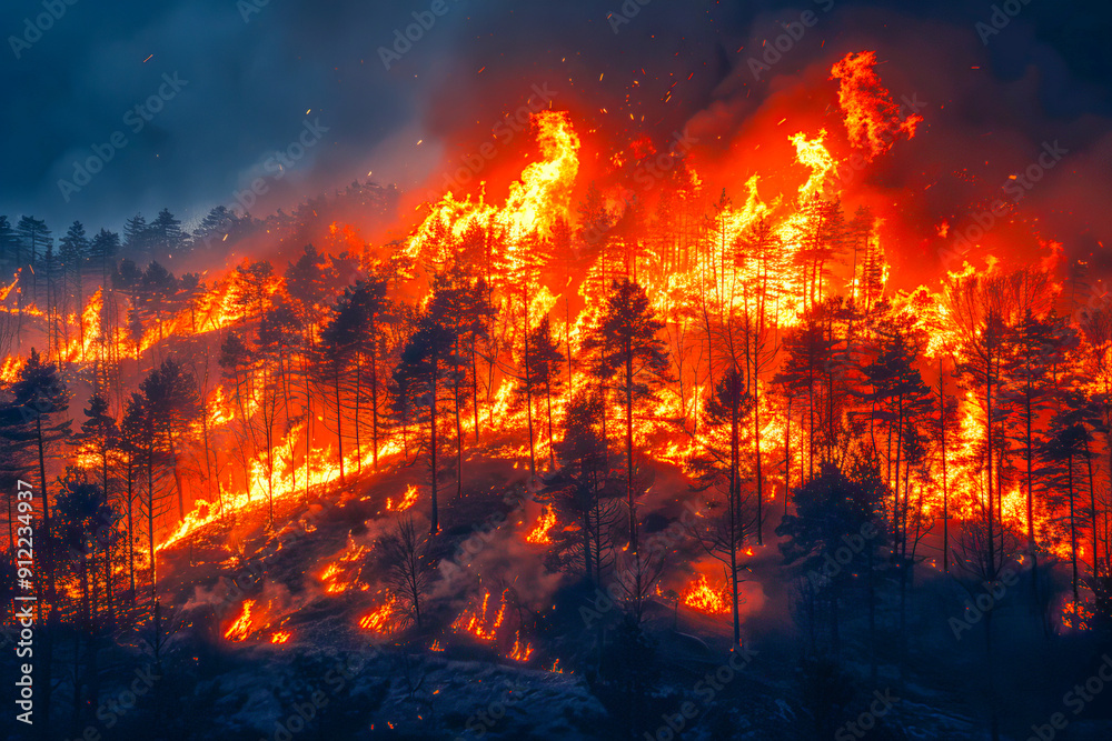 Flames are engulfing trees at night in a large wildfire Flames are engulfing trees at night in a large wildfire