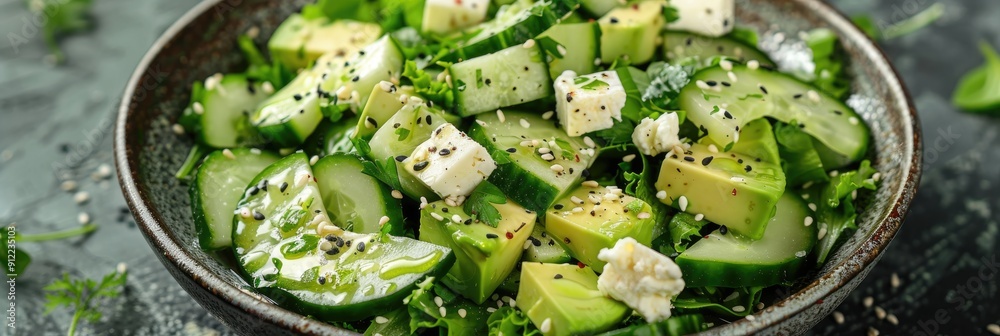 Green Salad with Cucumbers Avocado Feta Cheese and Lime Dressing in Ketogenic Diet Style Green Salad with Cucumbers Avocado Feta Cheese and Lime Dressing in Ketogenic Diet Style