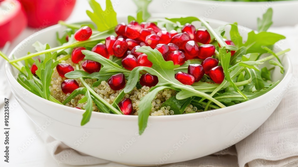 Pomegranate salad with quinoa and arugula, in a white bowl, pomegranate salad, healthy meal and modern cuisine Pomegranate salad with quinoa and arugula, in a white bowl, pomegranate salad, healthy meal and modern cuisine