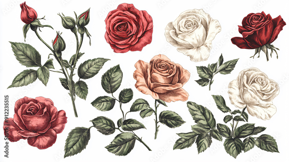 Fototapeta premium Collection vector of Hand-drawn vintage roses in intricate line art style