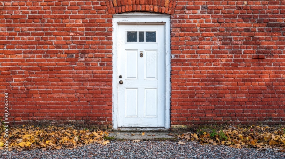 Fototapeta premium Modern single White door on brick wall in city,English architecture,luxury building,empty grunge urban street with warehouse brick wall,sidewalk by street wall and door,space for text concept.