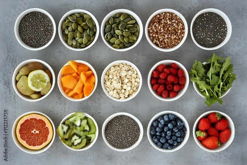 Clean eating variety of fruits, vegetables, seeds, and cereals, displayed on gray concrete