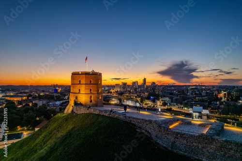Aerial summer night view of Gediminas Castle Tower, Vilnius old town, Lithuania