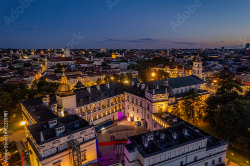 Aerial summer night view of Palace of the Grand Dukes of Lithuania, Vilnius old town, Lithuania
