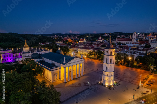 Aerial summer night view of Cathedral Square, Vilnius old town, Lithuania