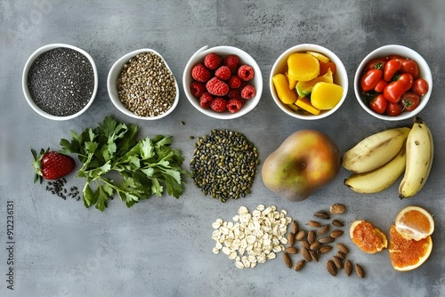 Wallpaper Mural Clean eating variety of fruits, vegetables, seeds, and cereals, displayed on gray concrete Torontodigital.ca