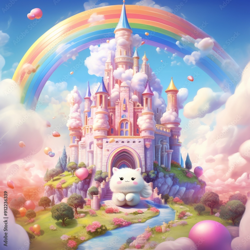 A cat sits in front of a castle with a rainbow behind it A cat sits in front of a castle with a rainbow behind it