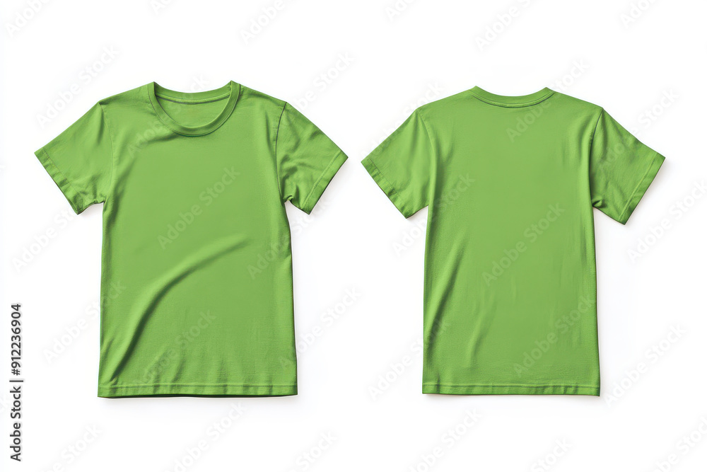 Front and back view of green t-shirts on white background Front and back view of green t-shirts on white background