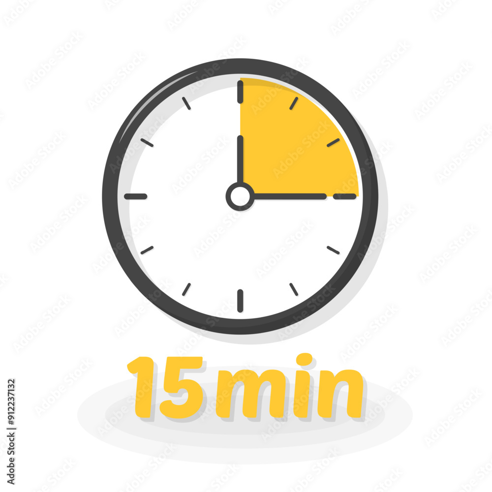 15 min icon. Clock icon. Flat style. Vector icon. 15 min icon. Clock icon. Flat style. Vector icon.