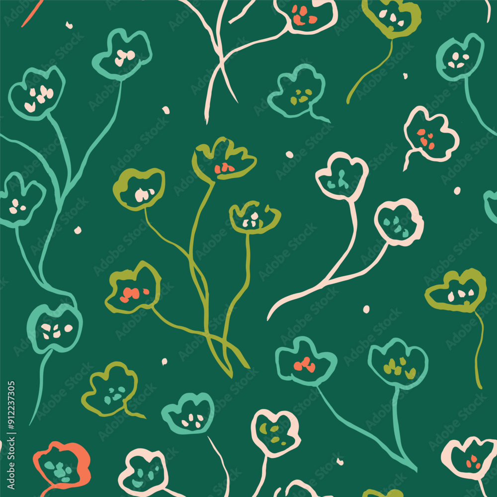 Fototapeta premium Hand-drawn floral seamless pattern. Ink stroke texture. Nature floral repeated background for fabric design. Simple and stylish vector print.
