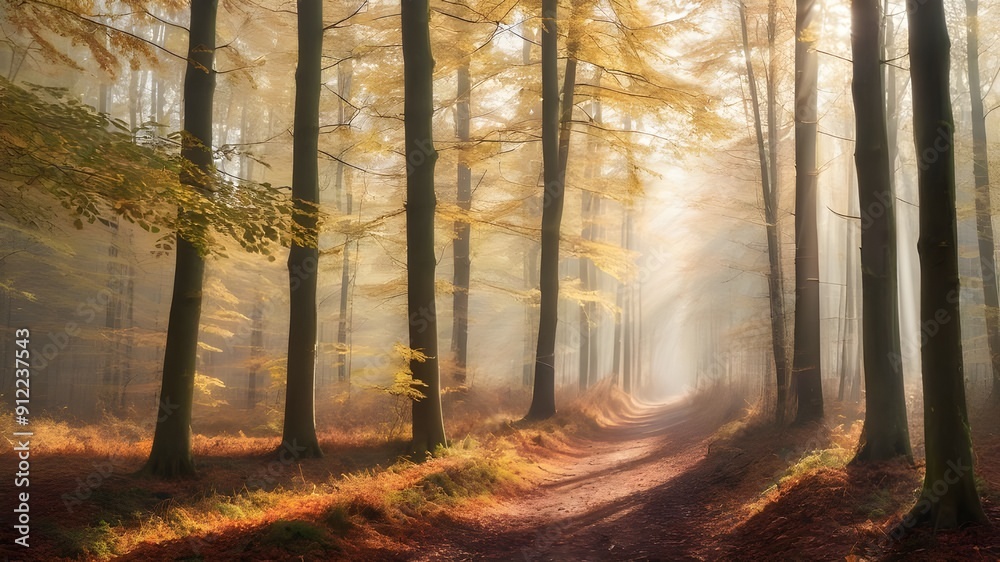 Fototapeta premium Misty morning in an autumn forest with sunlight filtering through the trees, enhancing the mood