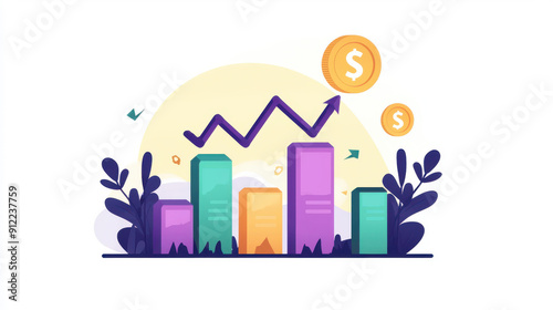 Colorful bar graph illustration with upward arrow and dollar symbols, representing financial growth, success, and business investment.