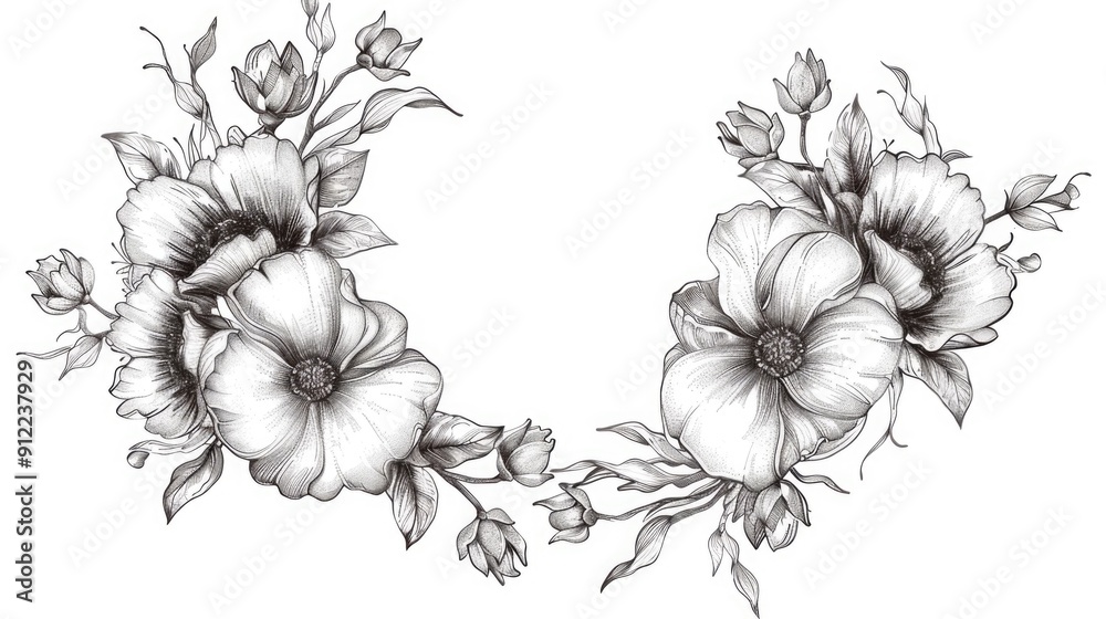 Elegant Monochrome Floral Wreath with Graceful Line Art Design Hand drawn botanical featuring a beautiful arrangement of flowers and foliage in a circular wreath shape with a aesthetic Elegant Monochrome Floral Wreath with Graceful Line Art Design Hand drawn botanical featuring a beautiful arrangement of flowers and foliage in a circular wreath shape with a aesthetic