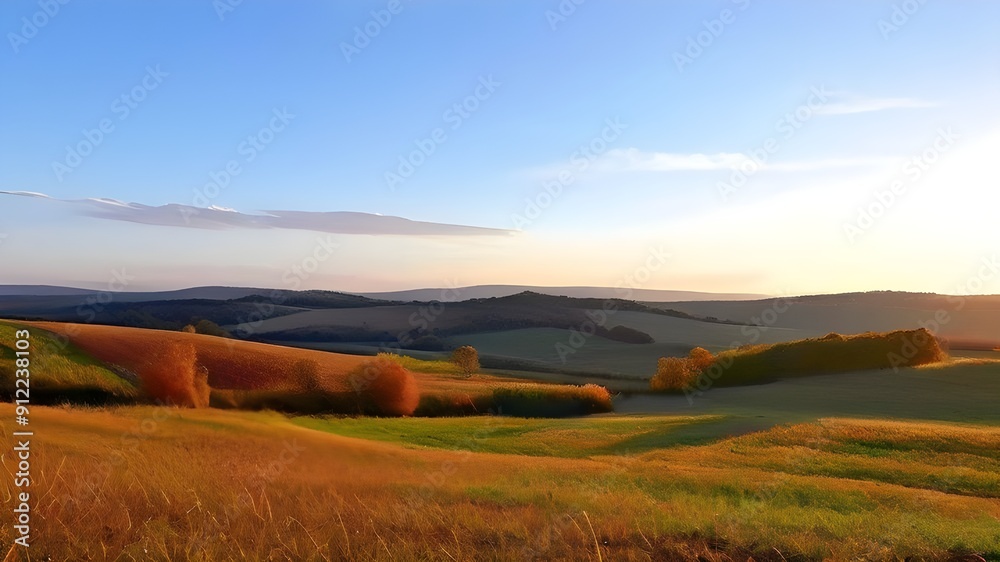 Sunlit Autumn Field with Rolling Hills in the Distance Sunlit Autumn Field with Rolling Hills in the Distance