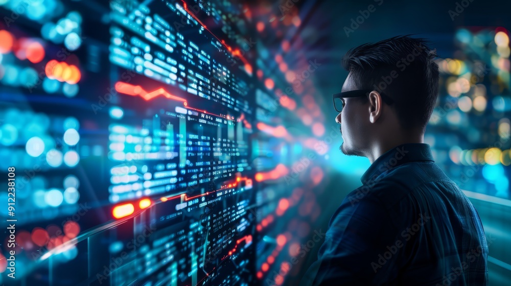 Man analyzing data on futuristic screen Man analyzing data on futuristic screen