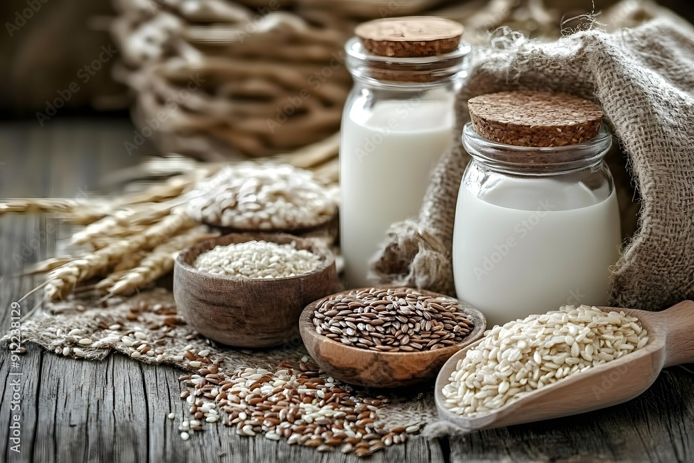 Rice milk and seeds displayed on wood with sackcloth Vegan alternative in rustic setting Rice milk and seeds displayed on wood with sackcloth Vegan alternative in rustic setting