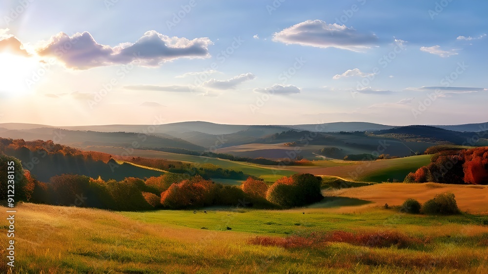 Obraz premium Sunlit Autumn Field with Rolling Hills in the Distance