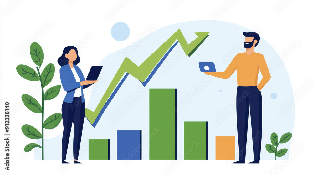 Illustration of business growth with two professionals analyzing data, charts, and graphs with a positive trend arrow. Illustration of business growth with two professionals analyzing data, charts, and graphs with a positive trend arrow.