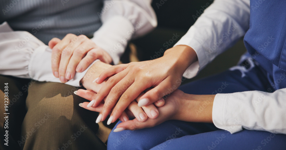 Patient, hands and nurse with care for empathy, trust or listening with understanding of pain, grief or crisis at home. Closeup of caregiver or therapist touching palm for support, love or sympathy Patient, hands and nurse with care for empathy, trust or listening with understanding of pain, grief or crisis at home. Closeup of caregiver or therapist touching palm for support, love or sympathy