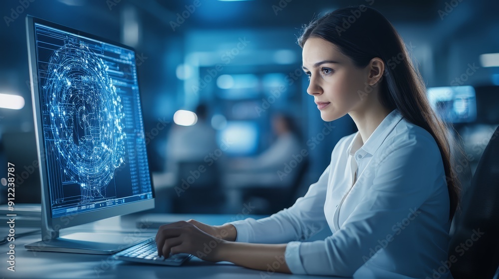Woman Working on Futuristic Computer Screen Woman Working on Futuristic Computer Screen