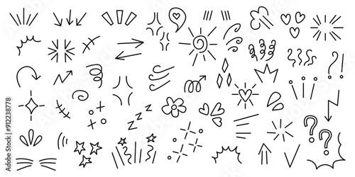 Set anime emotion effect. hand-drawn cute cartoony expression sign doodle line stroke.