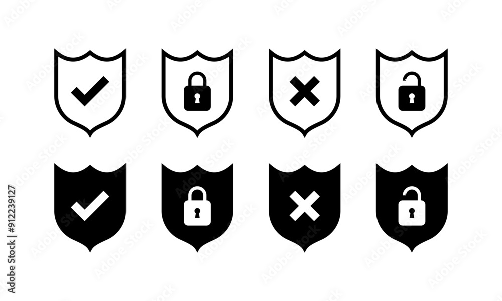 Shield set icons. Cancel icons. Flat style. Vector icons. Shield set icons. Cancel icons. Flat style. Vector icons.