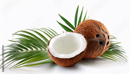 Coconuts with palm leave on white background.