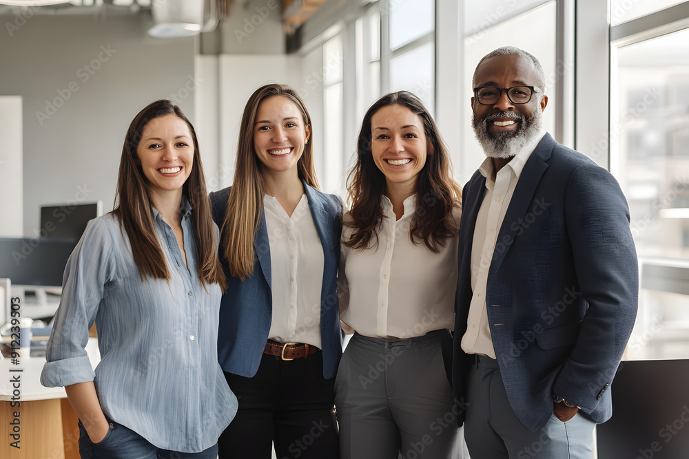 4 Diverse Office Employees Standing in an Open Area 4 Diverse Office Employees Standing in an Open Area