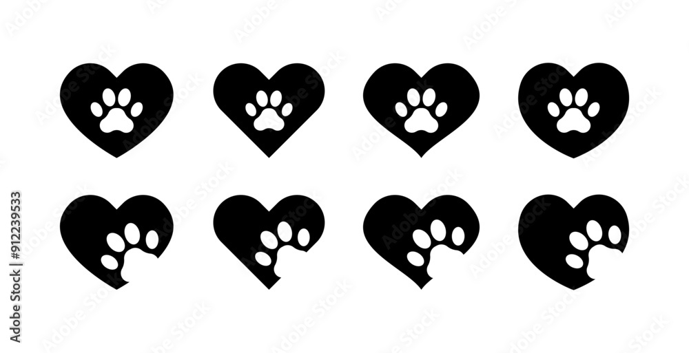 Heart paw set icons. Silhouette style. Vector icons. Heart paw set icons. Silhouette style. Vector icons.