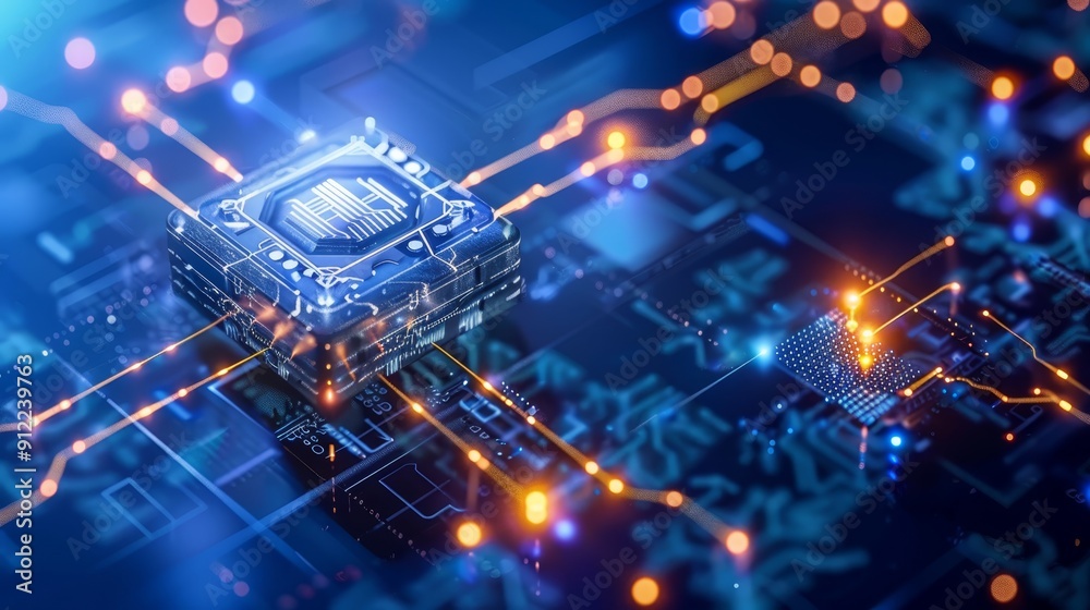 Futuristic Microchip on Digital Circuit Board Futuristic Microchip on Digital Circuit Board