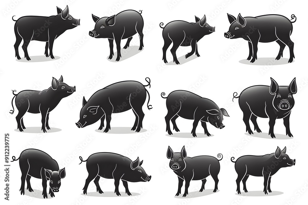 Illustration of various black pigs in diverse positions and postures. Illustration of various black pigs in diverse positions and postures.
