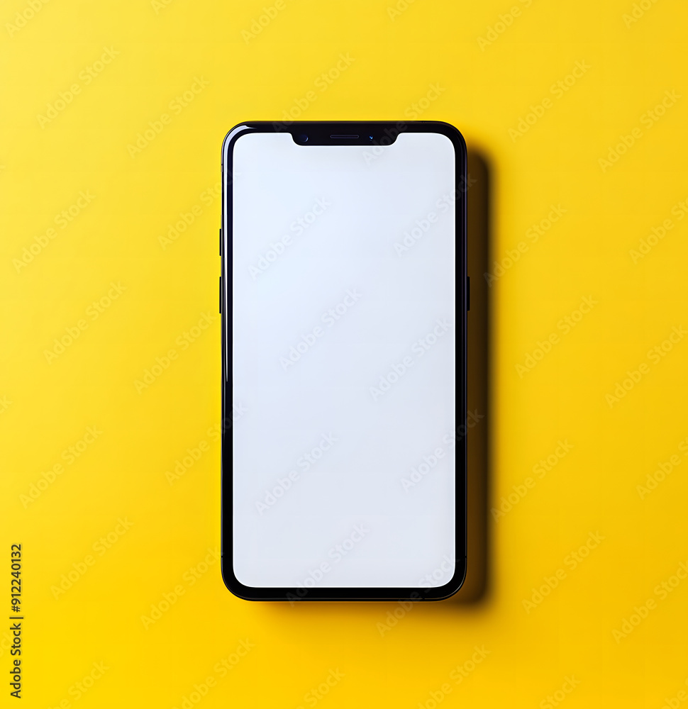A modern smartphone with a sleek black frame and a blank white screen is displayed against a vibrant yellow background. The phone is centered and viewed from above, emphasizing its minimalist design A modern smartphone with a sleek black frame and a blank white screen is displayed against a vibrant yellow background. The phone is centered and viewed from above, emphasizing its minimalist design