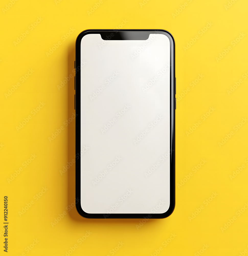 A modern smartphone with a sleek black frame and a blank white screen is displayed against a vibrant yellow background. The phone is centered and viewed from above, emphasizing its minimalist design A modern smartphone with a sleek black frame and a blank white screen is displayed against a vibrant yellow background. The phone is centered and viewed from above, emphasizing its minimalist design