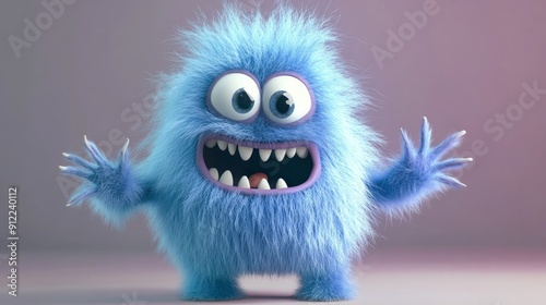 Cute blue furry monster 3D cartoon character